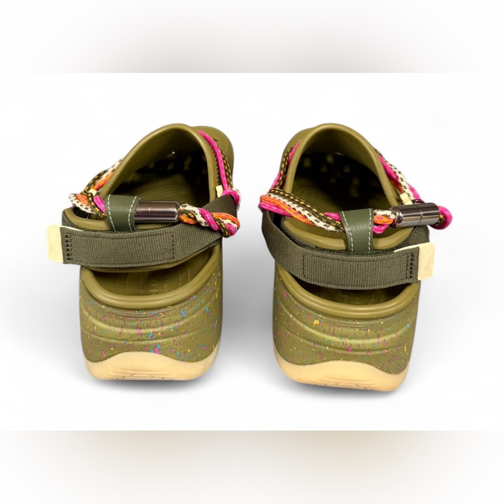 CROCS Olive Sandals with Pink and Tan Accents - Picture 3 of 4